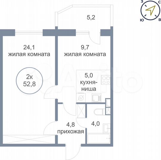2-к. квартира, 52,8 м², 1/4 эт.