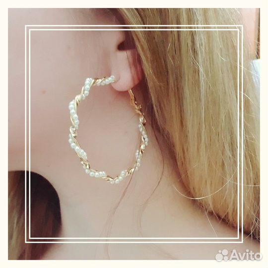 Серьги-кольца спираль с жемчугом 6 см