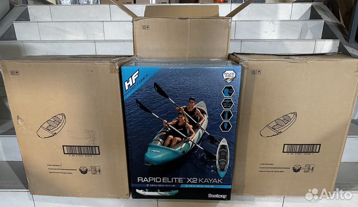 Надувная лодка, каяк новый в коробке весла, насос