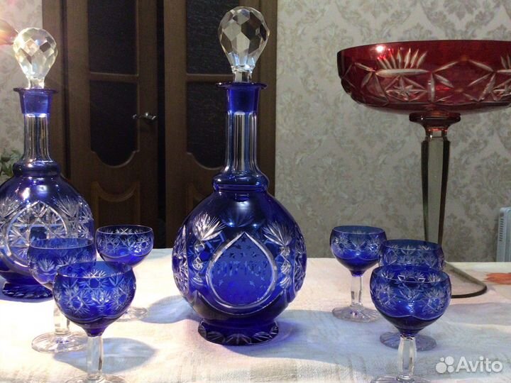 Хрустальный агитационный графин с рюмками кобальт