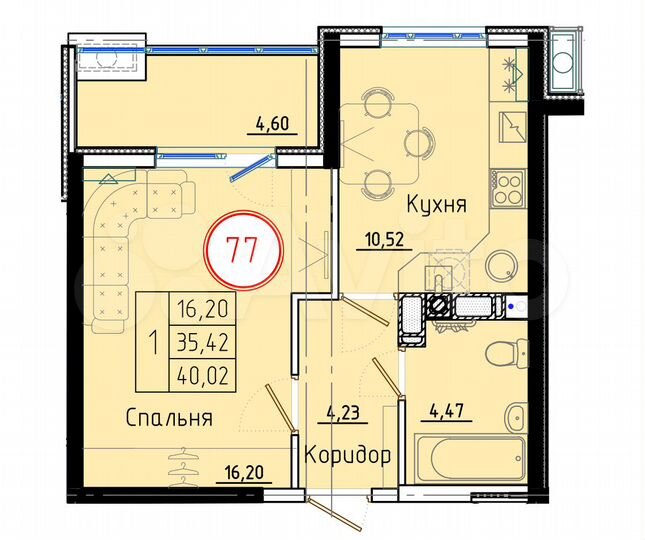 1-к. квартира, 40 м², 5/8 эт.