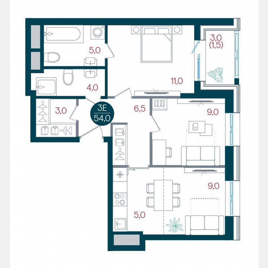 3-к. квартира, 54 м², 28/32 эт.