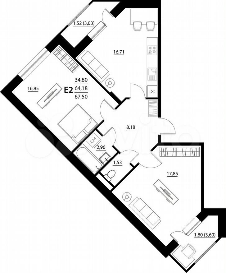 2-к. квартира, 67,5 м², 3/5 эт.