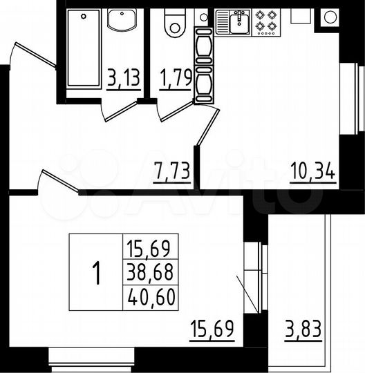 1-к. квартира, 40,6 м², 4/5 эт.
