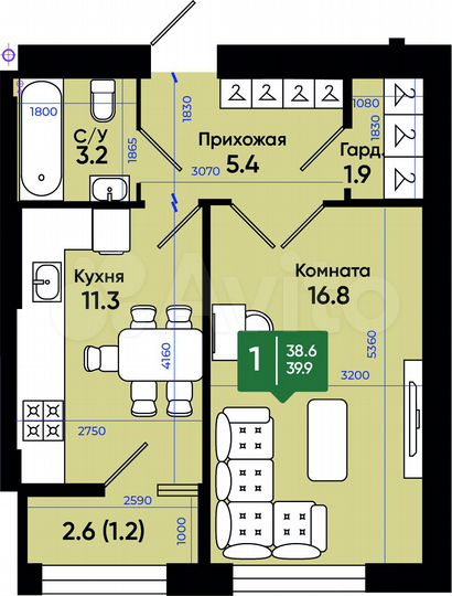 1-к. квартира, 40,4 м², 2/3 эт.