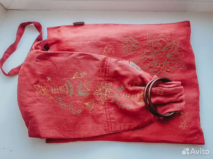 Слинг для новорожденных на кольцах, лён, красный