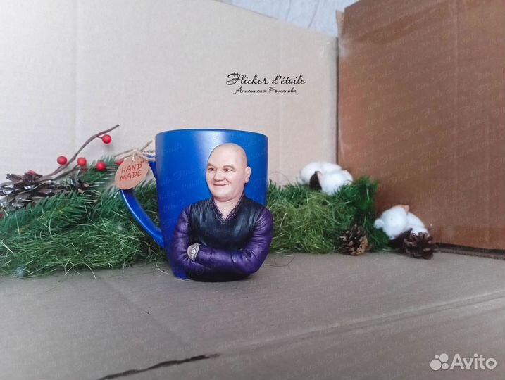 Кружка с декором из полимерной глины. Шарж по фото