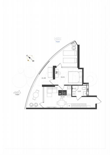 1-к. апартаменты, 54,3 м², 3/11 эт.