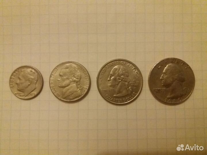 Монеты quarter dollar, 5 cents, one dime, one cent