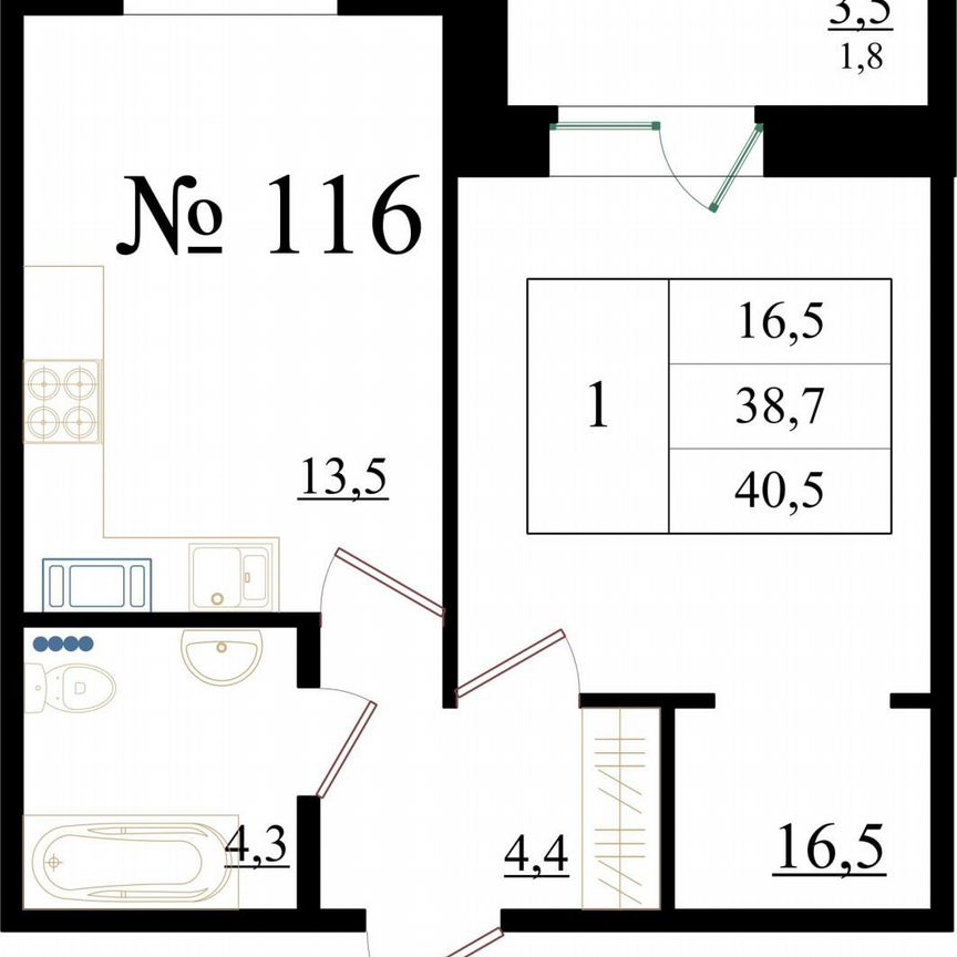 1-к. квартира, 40,5 м², 6/8 эт.