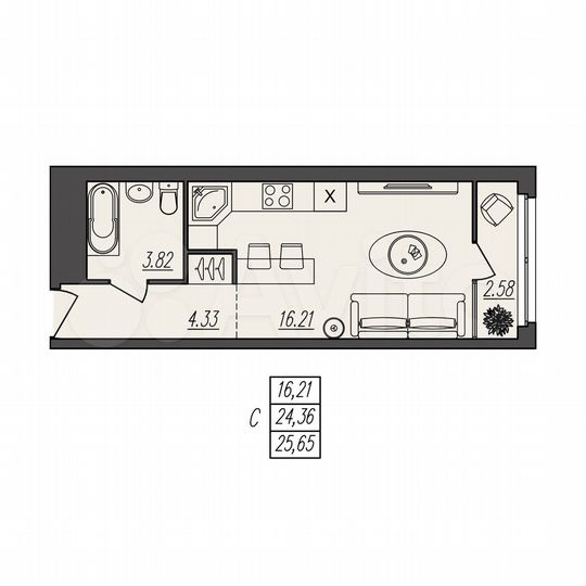 Квартира-студия, 25,7 м², 4/17 эт.