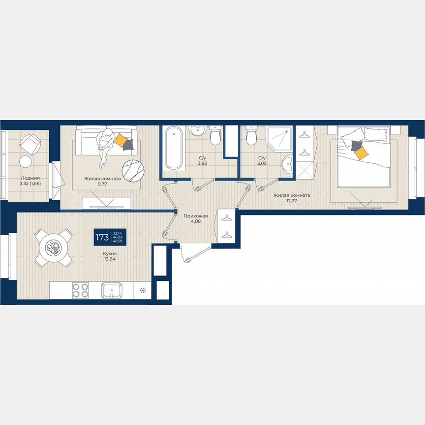 2-к. квартира, 48,6 м², 4/12 эт.