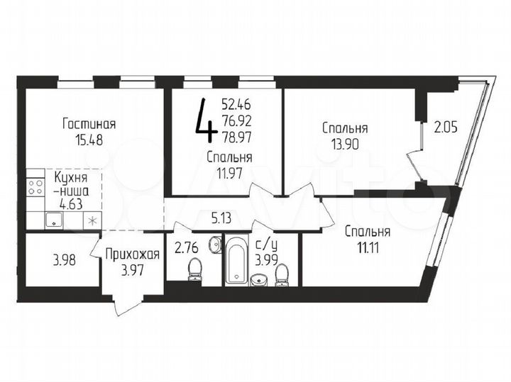 4-к. квартира, 78,9 м², 14/21 эт.