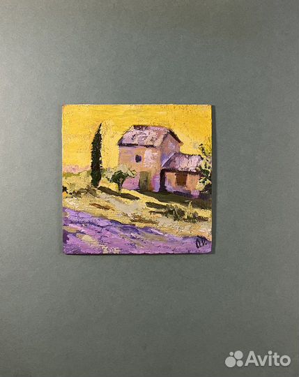 Картина маслом пейзаж в теплых тонах лаванда