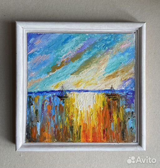Картина маслом Морской пейзаж.Закат на море