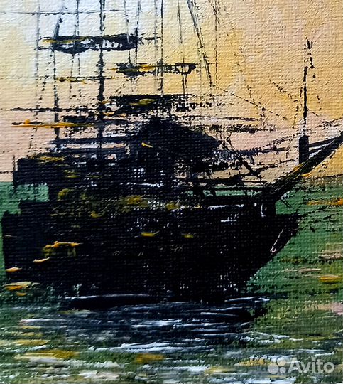 Картина маслом Корабль на закате Морской пейзаж