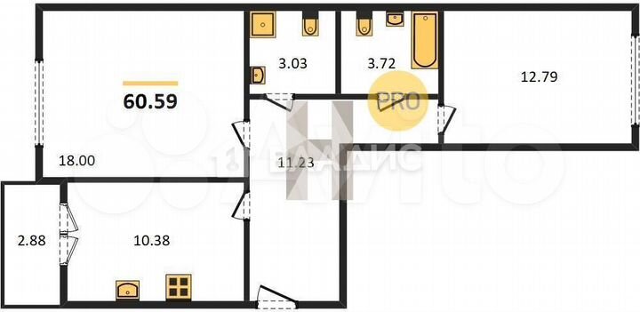 2-к. квартира, 60,6 м², 4/9 эт.