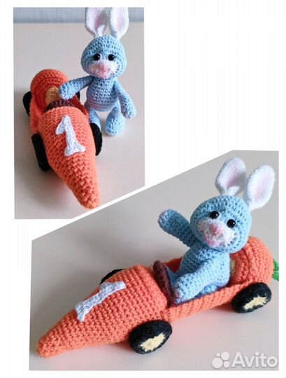 Вязанная игрушка. Зайчик в морковомобиле