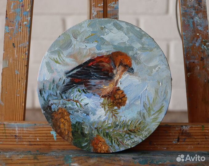 Картина маслом на холсте Пейзаж, диаметр 20см