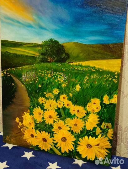 Поле с подсолнухами. Картина маслом