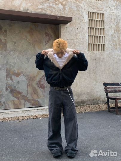 Джинсовый бомбер с мехом y2k Rick Owens type