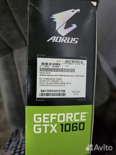 Видеокарта Aorus GeForce GTX 1060, 6 gb