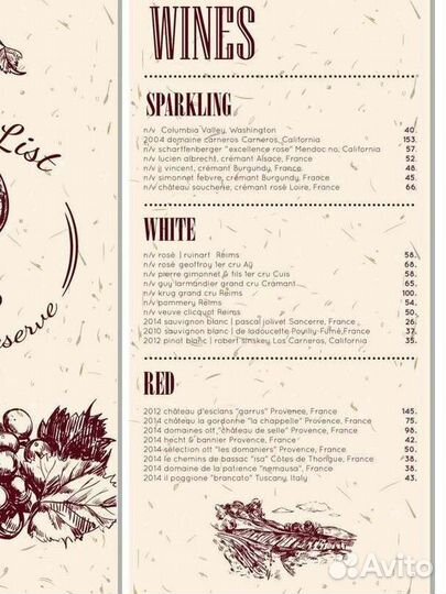 Винная карта, меню ресторана