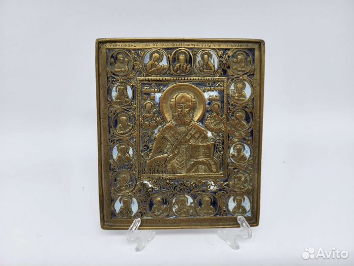 Икона Николай чудотворец 19 век бронза эмаль