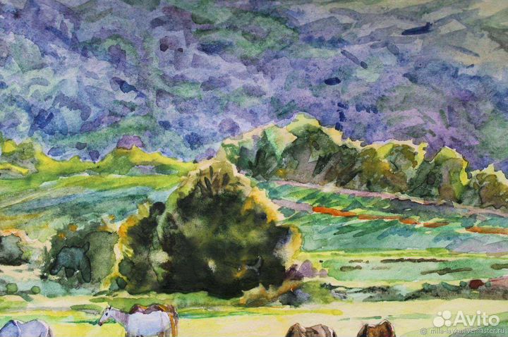 Пейзаж картина лошади поле горы