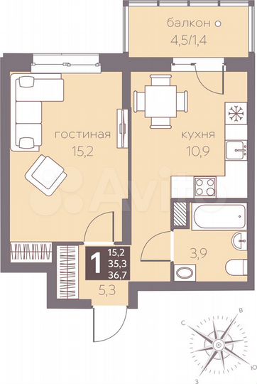 1-к. квартира, 36,7 м², 12/16 эт.