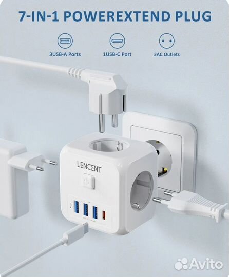 Розетка разветвитель Lencent с USB и Type C