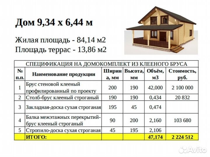 Домокомплект из клееного бруса 6,44х9,34 м