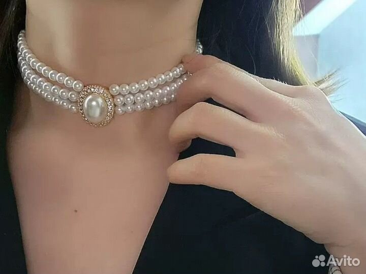 Браслет и колье чокер с жемчугом бижутерия