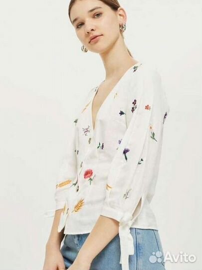 Блузка белая женская Topshop лён с вышивкой