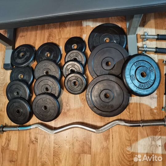 Скамья, штанга, гриф и блины