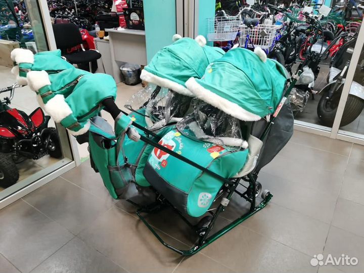 Санки для двойни с колесами лисичка утеплённые