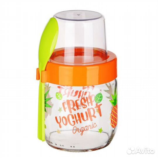 Банка для йогурта и мюсли с ложкой, 420мл, стекло