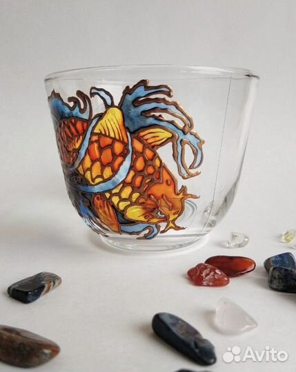 Кружка стеклянная с ручной росписью Золотой карп
