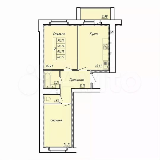 2-к. квартира, 60,8 м², 1/6 эт.
