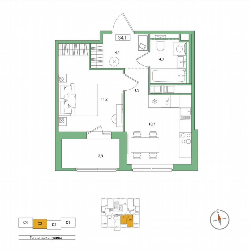 1-к. квартира, 34,1 м², 4/11 эт.