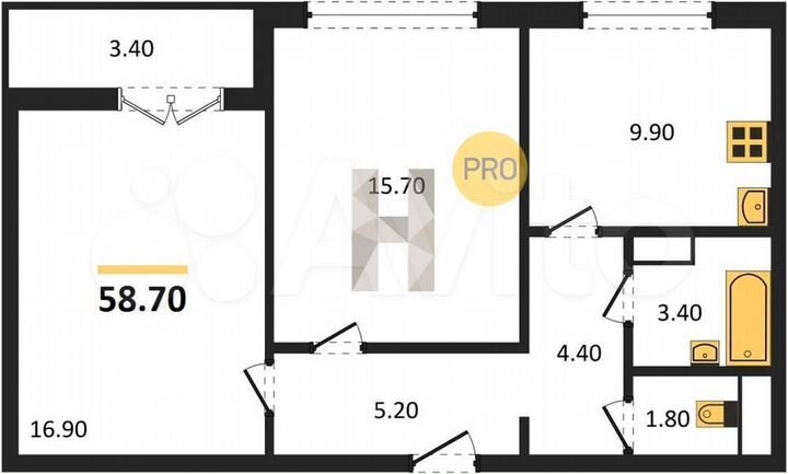 2-к. квартира, 58,7 м², 13/17 эт.