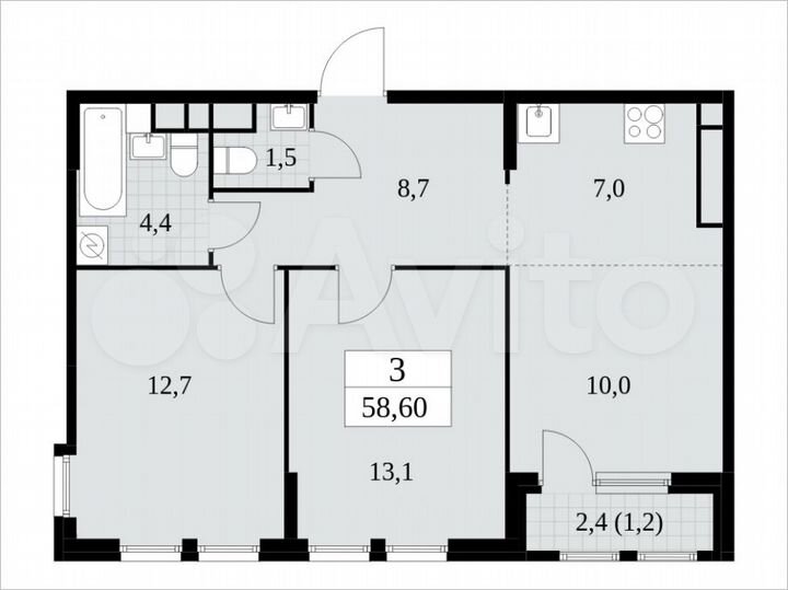 3-к. квартира, 58,6 м², 22/30 эт.