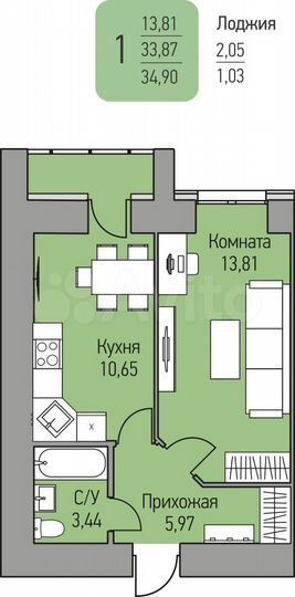 Квартира-студия, 34,9 м², 16/17 эт.