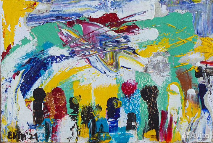 Картина маслом абстракция Аэрошоу 10х15 см