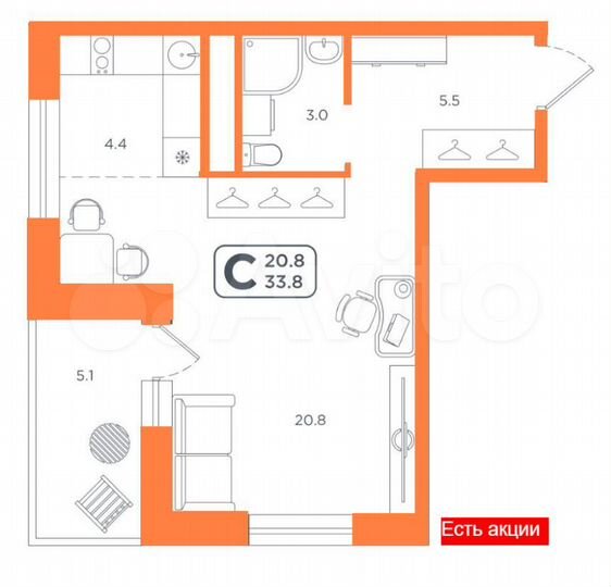 Квартира-студия, 33,8 м², 20/22 эт.