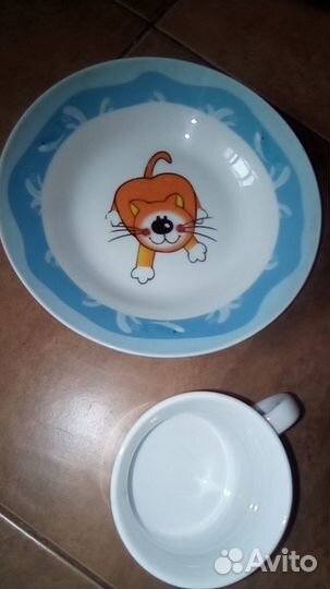 Тарелка+чашка коты+блюдце зик+гжель