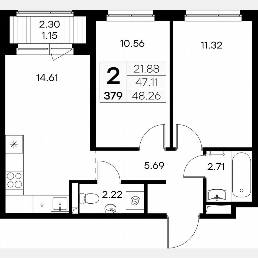 2-к. квартира, 48,3 м², 8/9 эт.