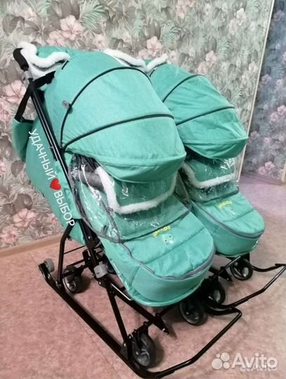 Новые санки для двойни Наши Детки (джинс/зеленый)