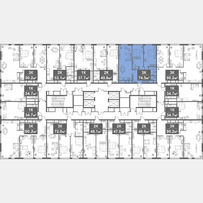 3-к. апартаменты, 74,5 м², 20/21 эт.