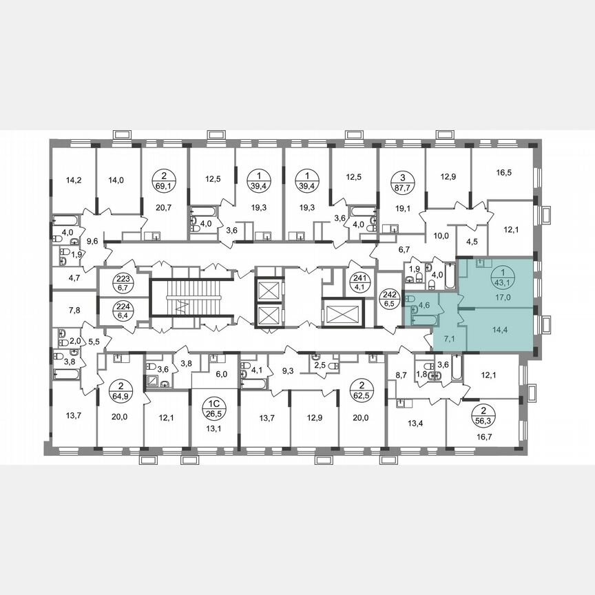 1-к. квартира, 43,1 м², 14/19 эт.